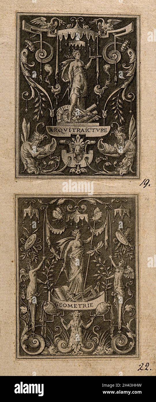 Une figure femelle tenant une boussole et une règle carrée; représentant l'architecture.Gravure par E. Delaune, c.1560. Banque D'Images
