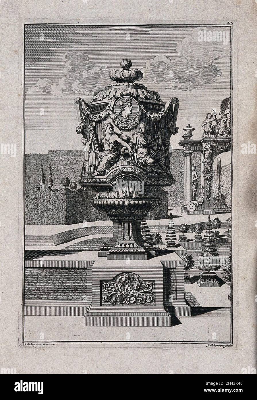 Un vase et un piédestal ornés avec un homme et une femme faisant des gaines de hache sculptées en relief sur le côté.Gravure par J. Schynvoet, c.1701, après S. Schynvoet. Banque D'Images