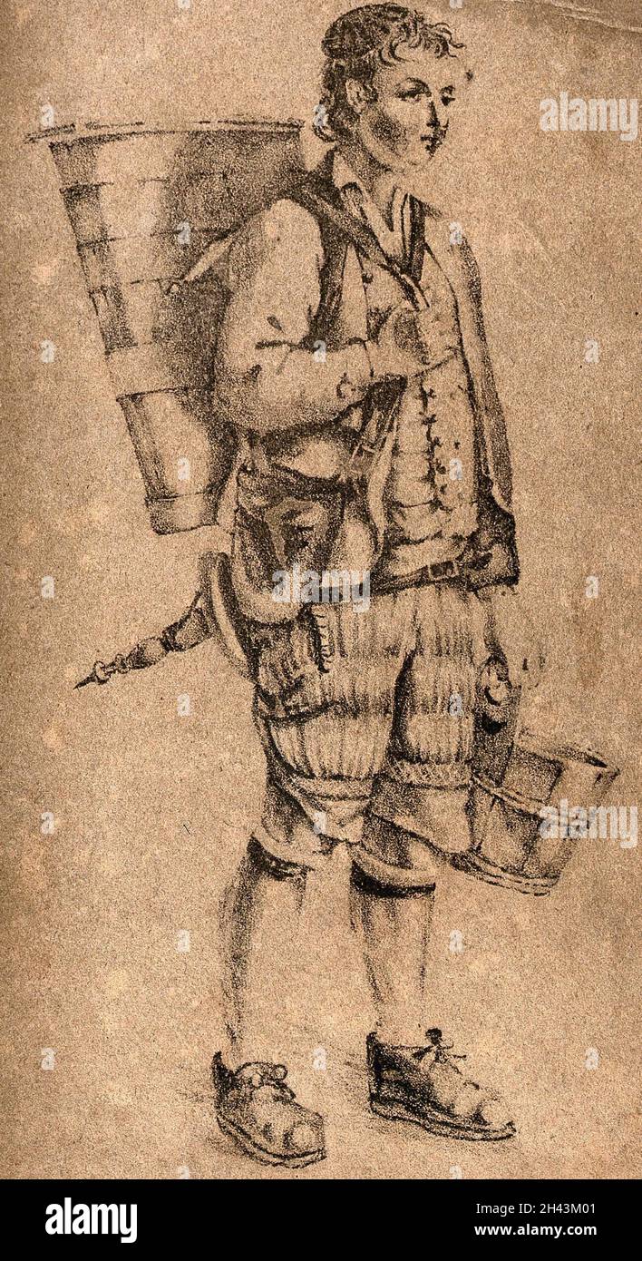 Un jeune homme porte de l'eau dans un grand baril sur son dos et un plus petit seau dans sa main.Lithographie (?). Banque D'Images