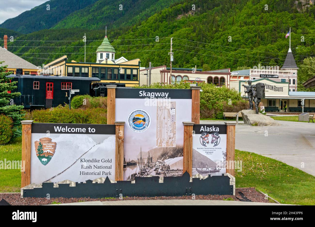 Alaska, Skagway, parc historique national de la ruée vers l'or du Klondike, panneau de bienvenue Banque D'Images