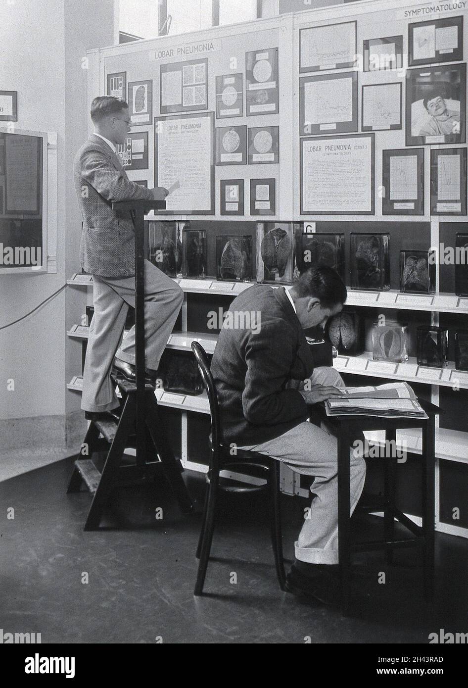 Le Wellcome Building, Euston Road, Londres: Visiteurs à une exposition au Wellcome Museum of Medical Science sur la pneumonie lobar.Photographie. Banque D'Images