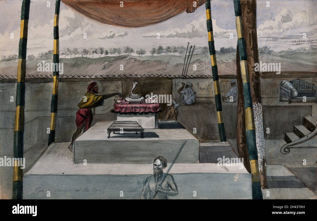 Un homme tend un autel hindou sur un dais étagé, à l'abri d'une verrière.Aquarelle, env.1880 (?). Banque D'Images
