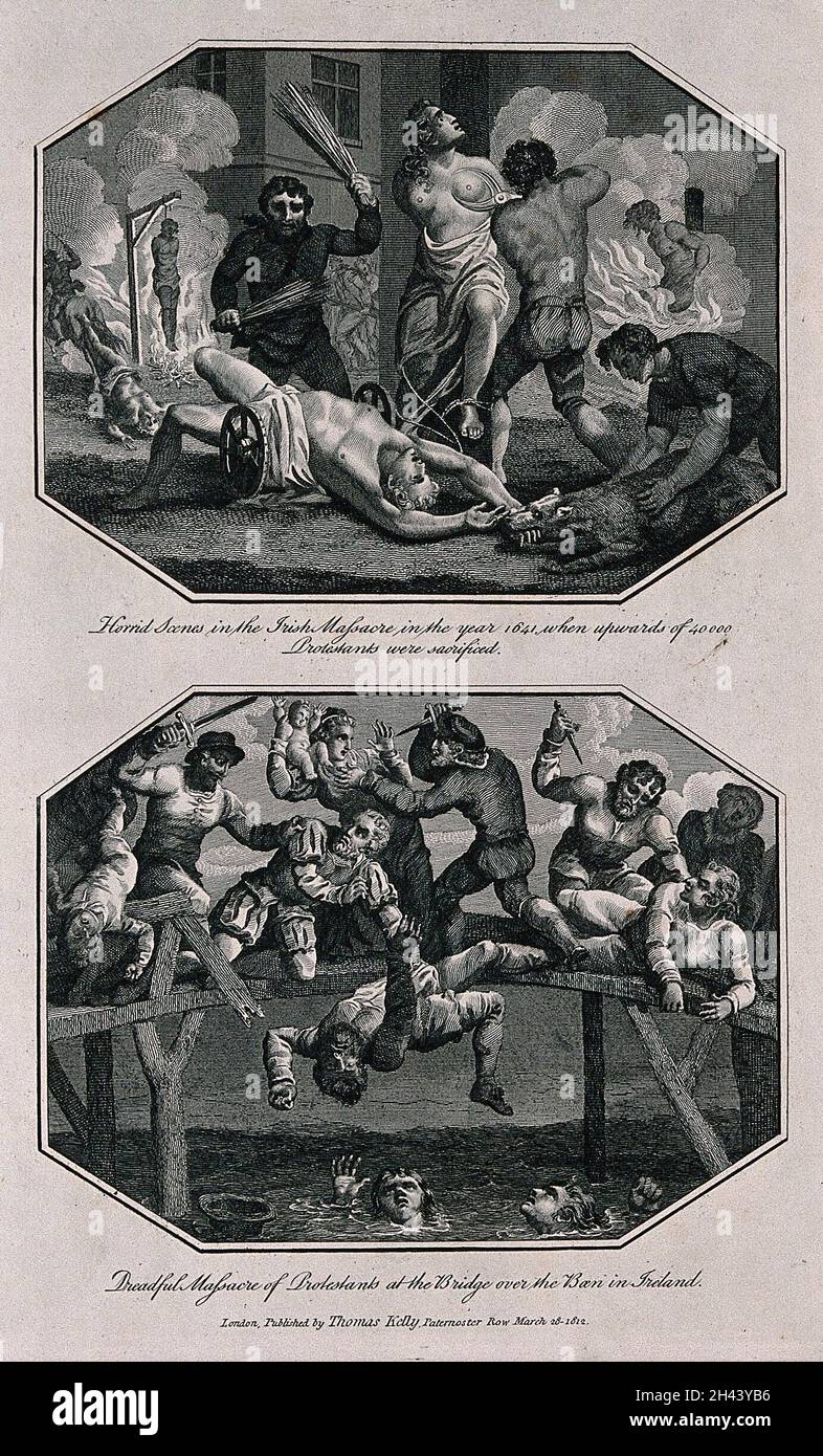 Au-dessus, le massacre irlandais en 1641: Les hommes sont pendus, battus et traînés par leurs pieds derrière des chevaux tandis qu'une femme a ses mamelons coupés avec de grandes ciseaux; au-dessous, les hommes, les femmes et les enfants sont massacrés sur un pont au-dessus de la rivière Boen en en Irlande.Gravure avec gravure. Banque D'Images