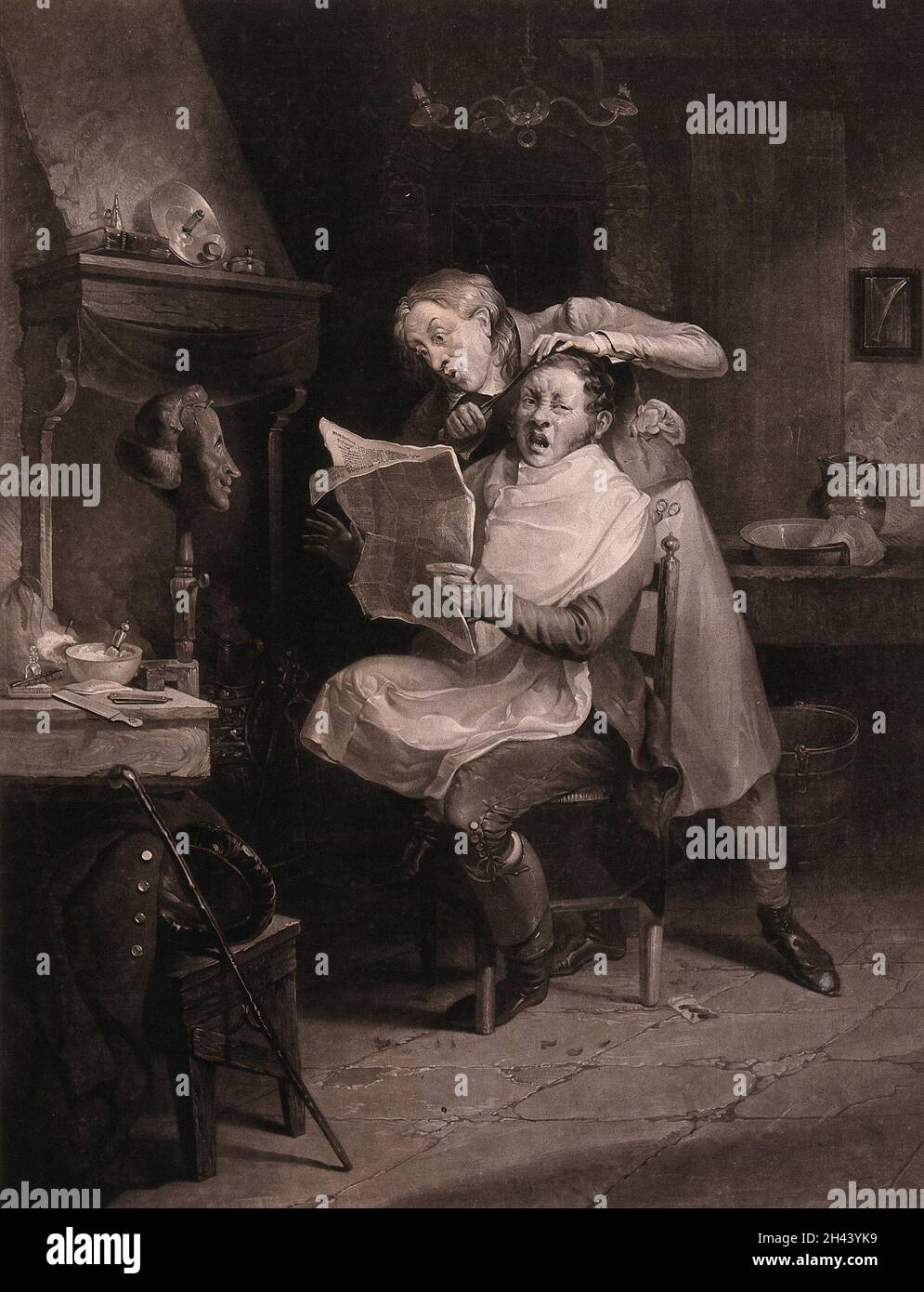 Un barbier qui enroule les cheveux d'un client avec des pinces chaudes est distrait par un article dans le journal, ce qui brûle la tête de l'homme.Mezzotint par A.M. Huffam, 1827, après M.W.Net. Banque D'Images