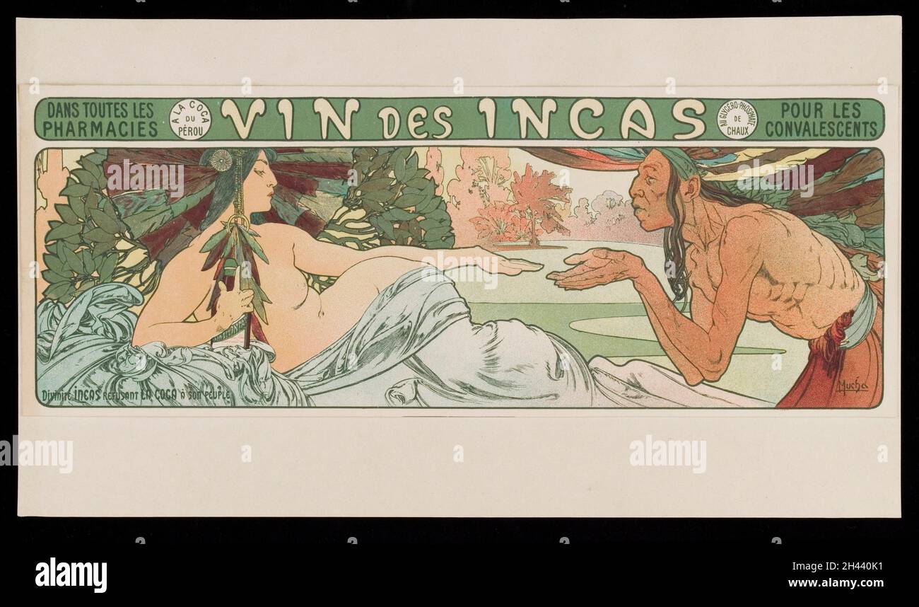 Un homme inca demande à une déesse des Incas de remettre la coca, mais elle refuse, tenant une bouteille de vin de coca pour elle-même.Lithographie de couleur par A. Mucha, 189-. Banque D'Images