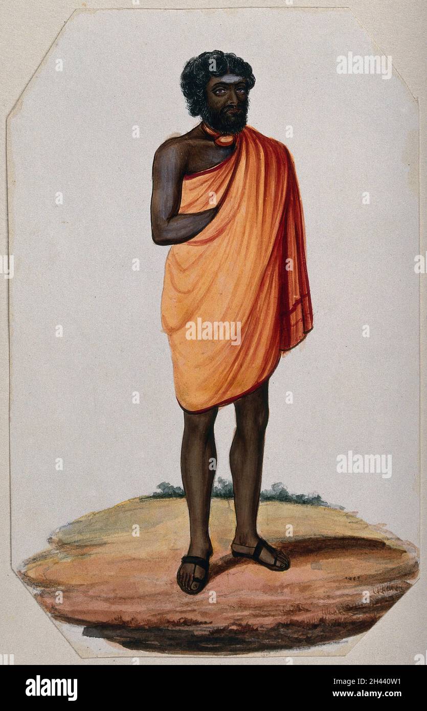 Un homme hindou ascétique ou Saint : debout, portant une robe de safran courte et des sandales.Peinture gouache, env.1880 (?). Banque D'Images