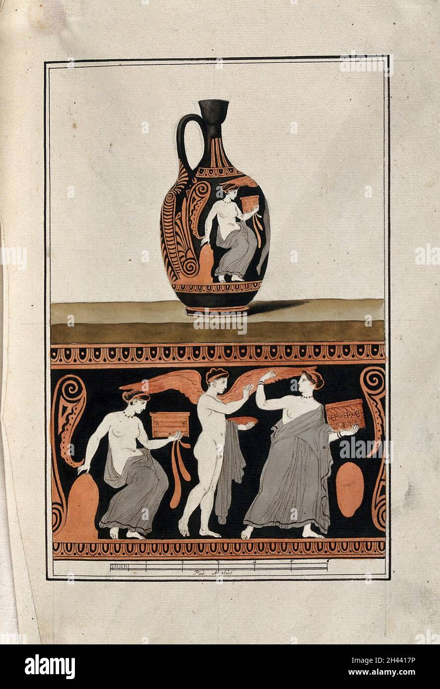 Ci-dessus, carafe à vin grec rouge (lekythos) décorée de figures et d'un motif palmier; ci-dessous, détail de la décoration montrant une femme tenant une caisse suivie d'une figure ailée tenant une assiette, et une femme assise drapée sous la taille.Aquarelle de A. Dahlsteen, 176- (?). Banque D'Images