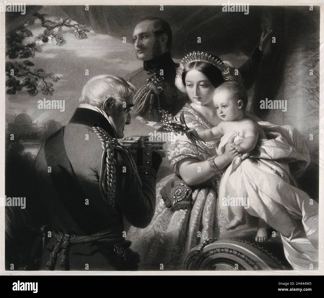 Le duc de Wellington présente un cercueil d'anniversaire à son filleul le Prince Arthur (plus tard duc de Connaught) en présence de la reine Victoria et du prince Albert.Mezzotint par S. cousins après F.X.Winterhalter, 1er mai 1851. Banque D'Images