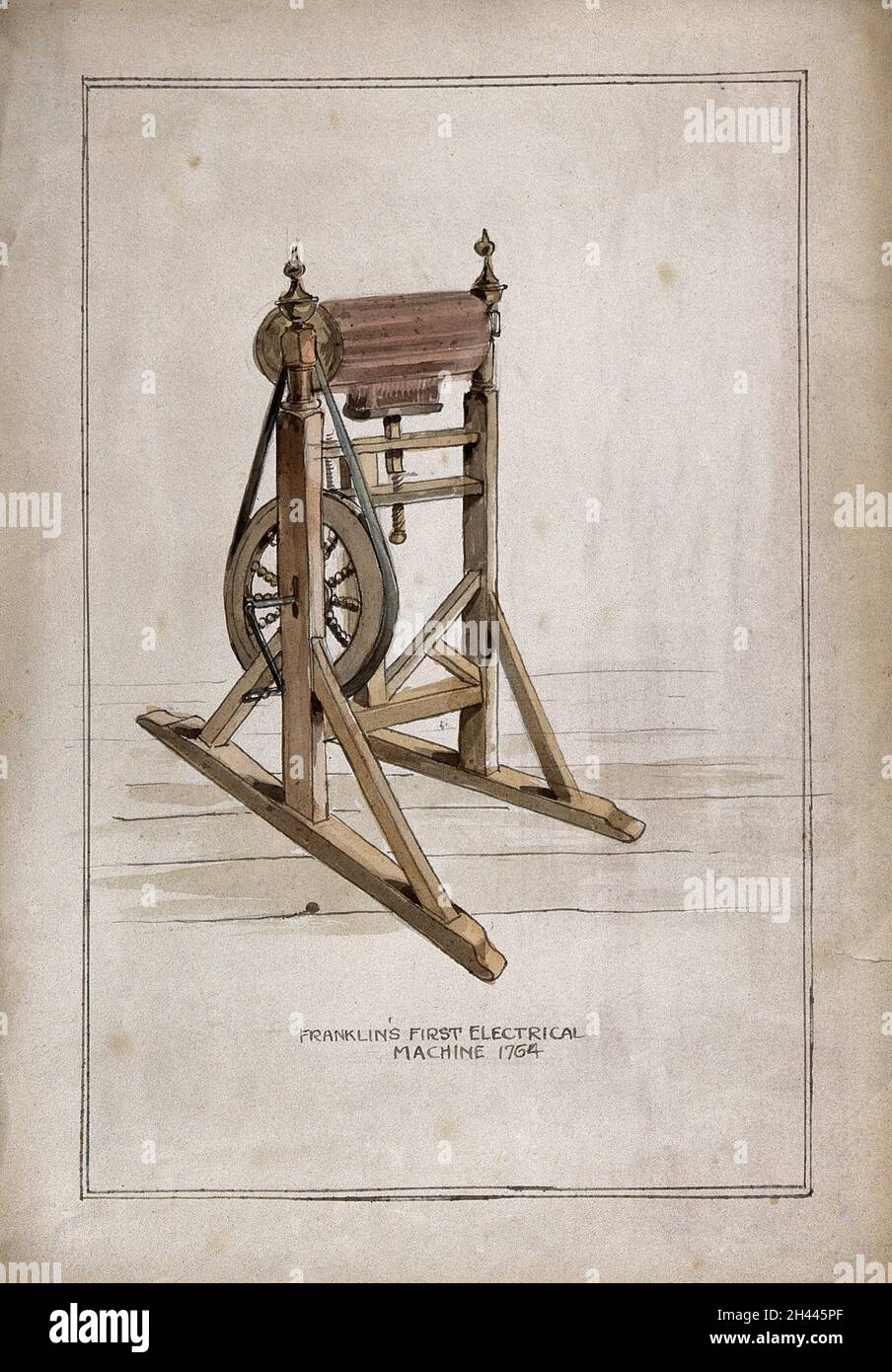 Électricité : générateur électro-statique de Benjamin Franklin.Aquarelle. Banque D'Images