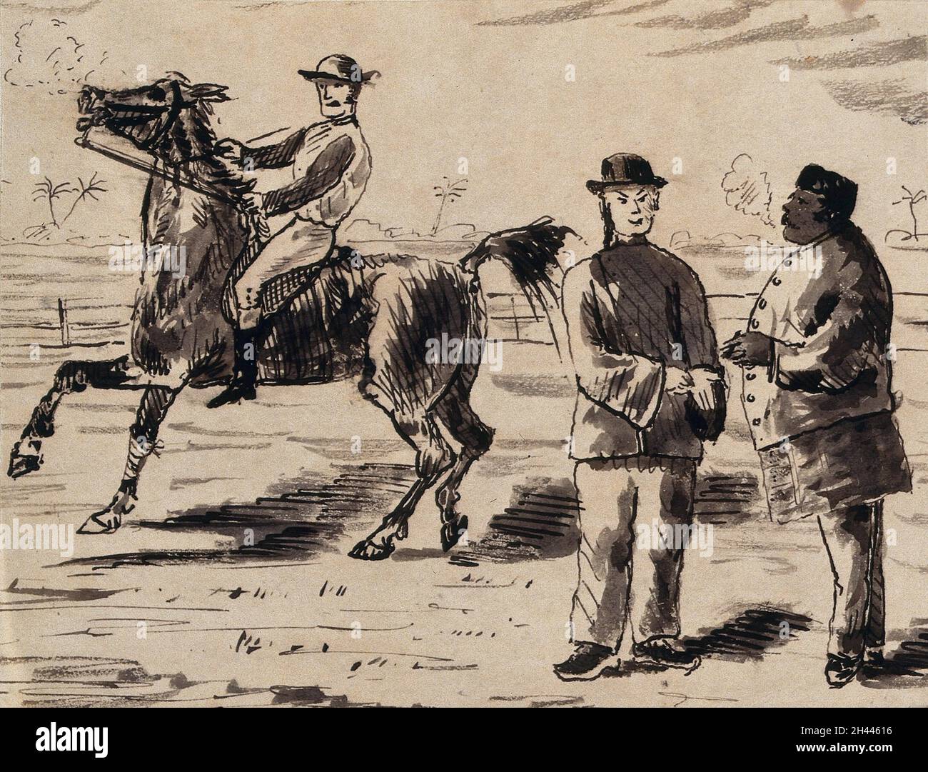 Singapour: Deux célébrités qui vont à la course parlent alors qu'un cheval de course est passé par eux.Dessin à la plume et à l'encre par J. Taylor, 1881. Banque D'Images