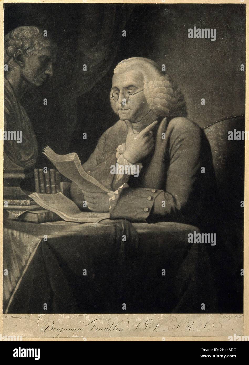 Benjamin Franklin.Mezzotint par E. Savage, 1793, après B. West après D. Martin, 1767. Banque D'Images