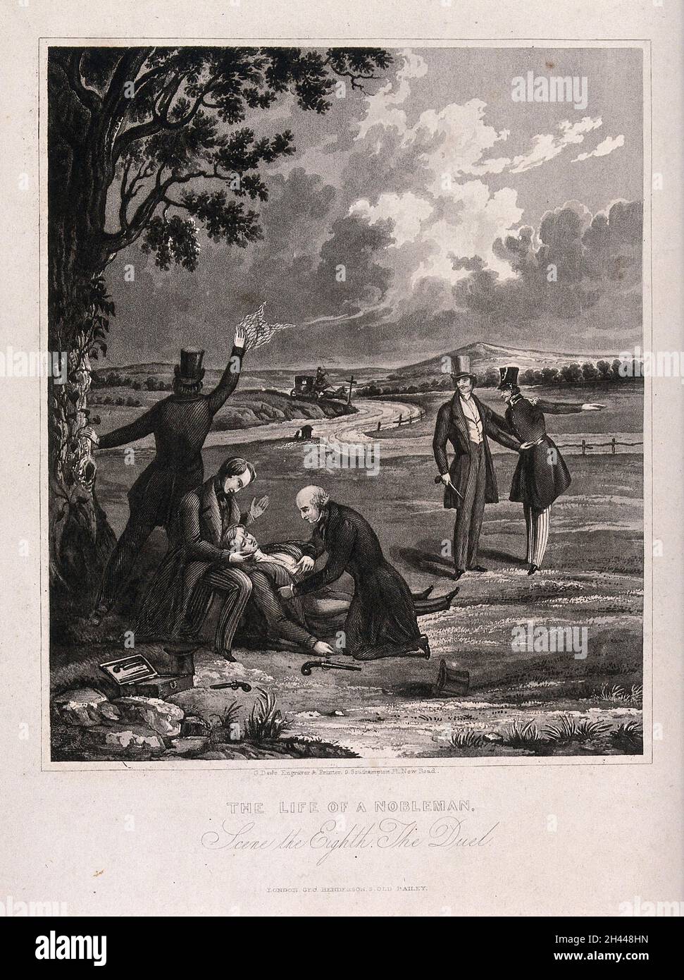 Un noble tire son adversaire dans un duel avec des pistolets.Aquatint après H. Dawe, 184-. Banque D'Images