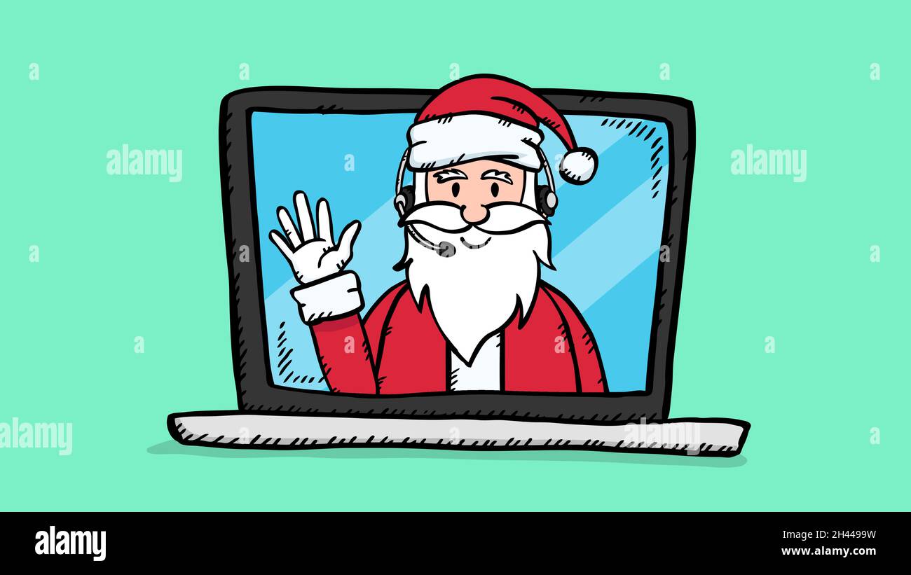 Dessin à la main d'un motif vectoriel du Père Noël avec casque sur l'écran d'un ordinateur portable.Illustration colorée dans un style d'esquisse. Illustration de Vecteur