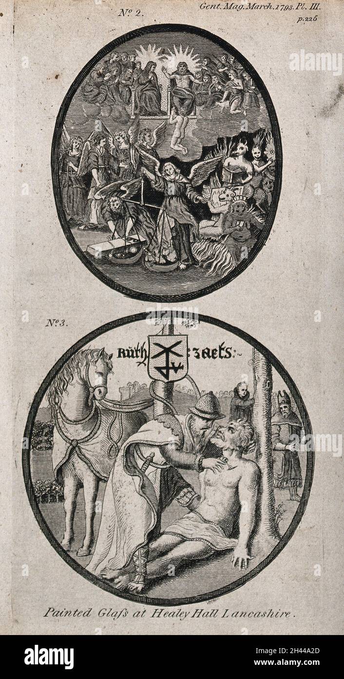 Le bon Samaritain aide l'homme qui a été volé et battu.Gravure, 1793, après vitraux au Healey Hall, Lancashire. Banque D'Images