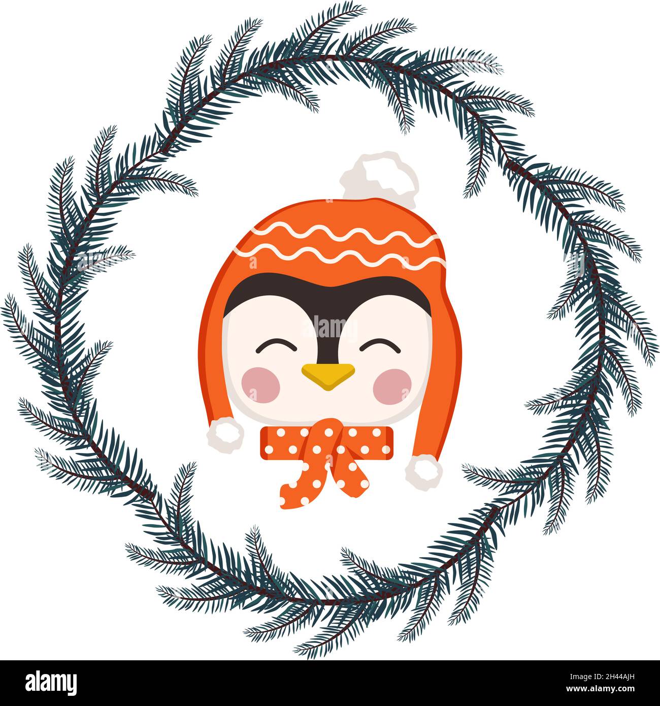 Joli pingouin en chapeau et écharpe style puéril avec cadre en couronne de Noël festive.Oiseau drôle avec le visage heureux.Illustration vectorielle plate pour les vacances et le nouvel an Illustration de Vecteur