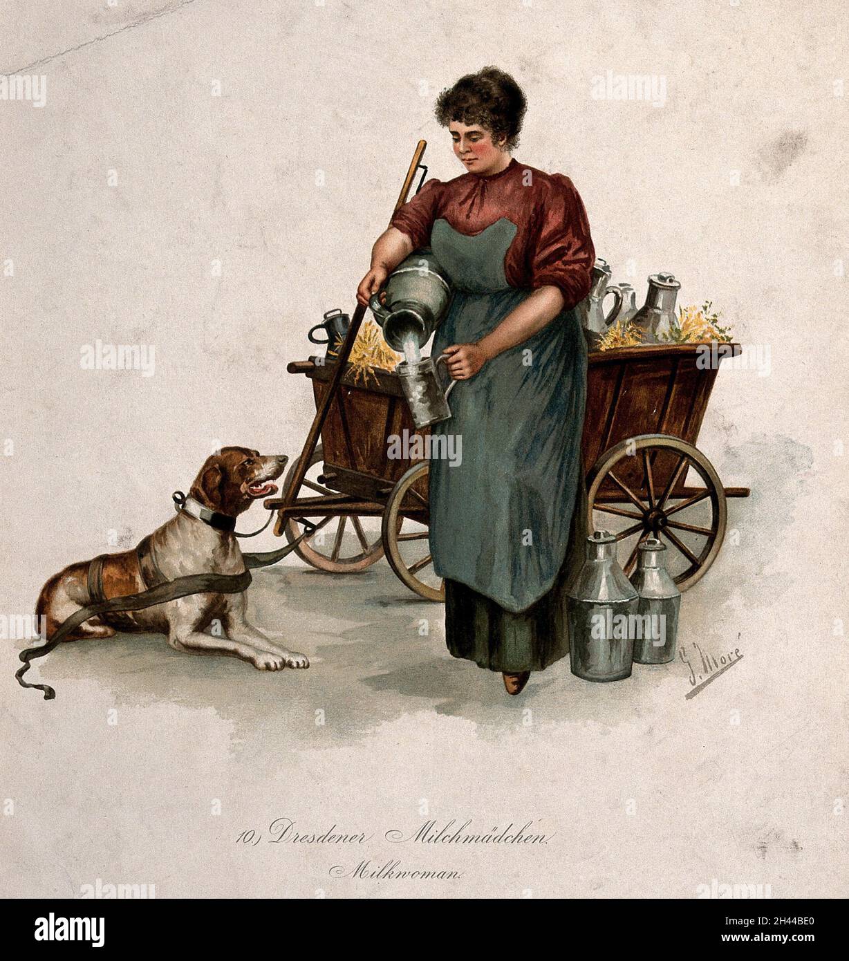 Une femme de chambre à Dresde verse du lait d'une urne dans une grande tasse pour le chien qui est yoté au chariot transportant des cannes à lait.Impression couleur quadrichromie après G. Moré. Banque D'Images