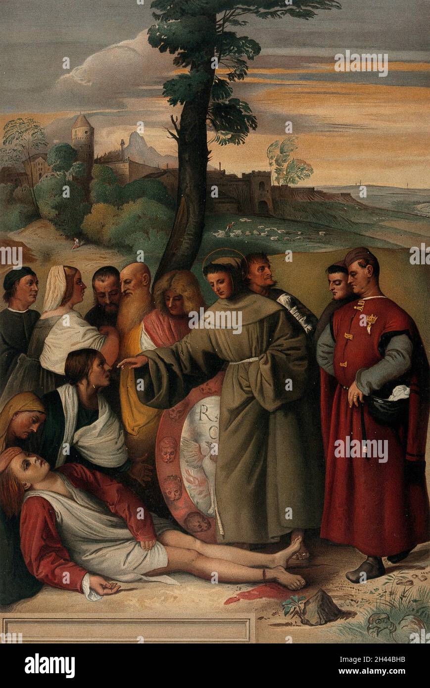 Saint Antony de Padoue guérissant le pied d'un jeune homme.Chromolithographe de L. Gruner, 1873 ans, après E. Kaiser après Titien. Banque D'Images