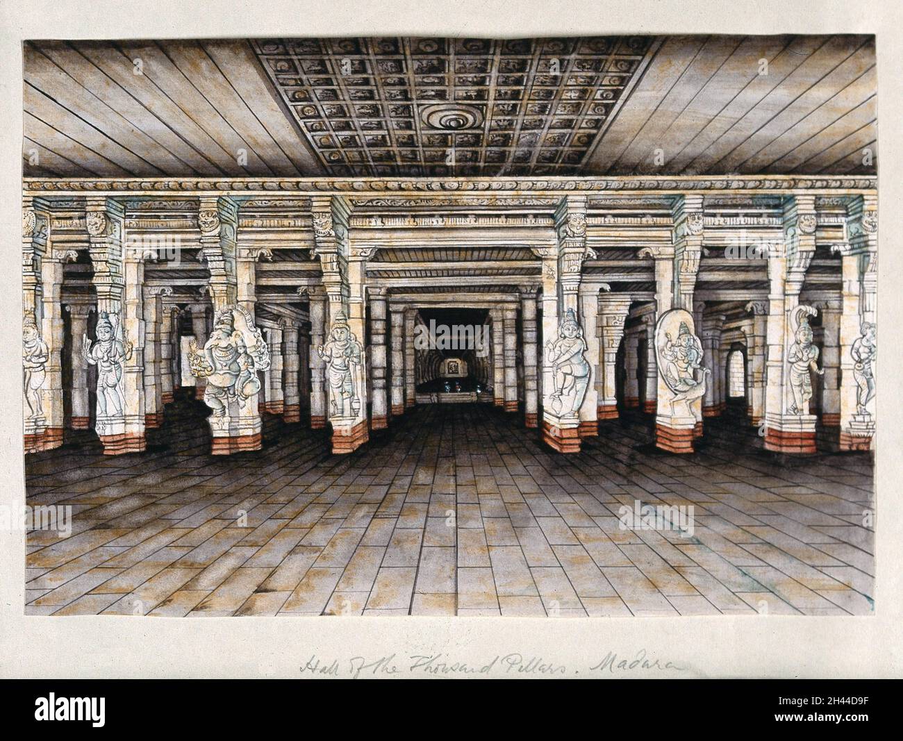 Madurai: La salle des mille piliers dans le complexe du temple de Meenakshi, qui mène aux temples.Aquarelle d'un peintre indien. Banque D'Images