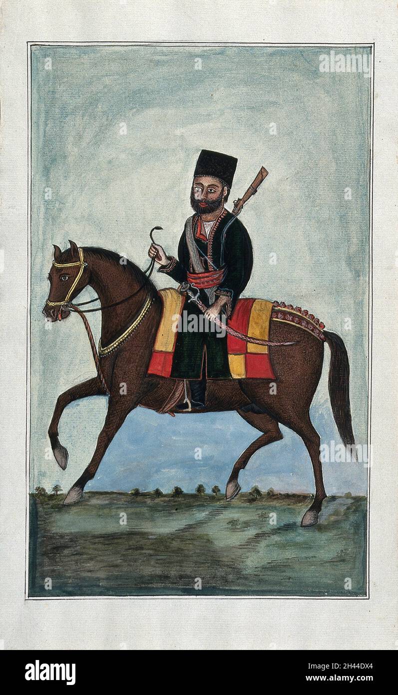 Un soldat, tenant une épée, montant sur un cheval.Peinture de gouache par un artiste indien. Banque D'Images