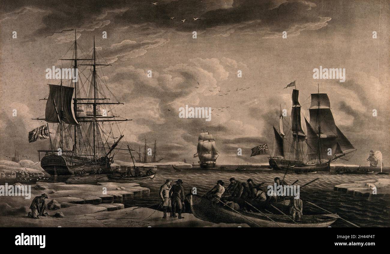 Chasse à la baleine: Marins arrivant au Groenland pour tuer des baleines, leurs navires étant en mer.Aquatint par R. Dodd, 1789. Banque D'Images
