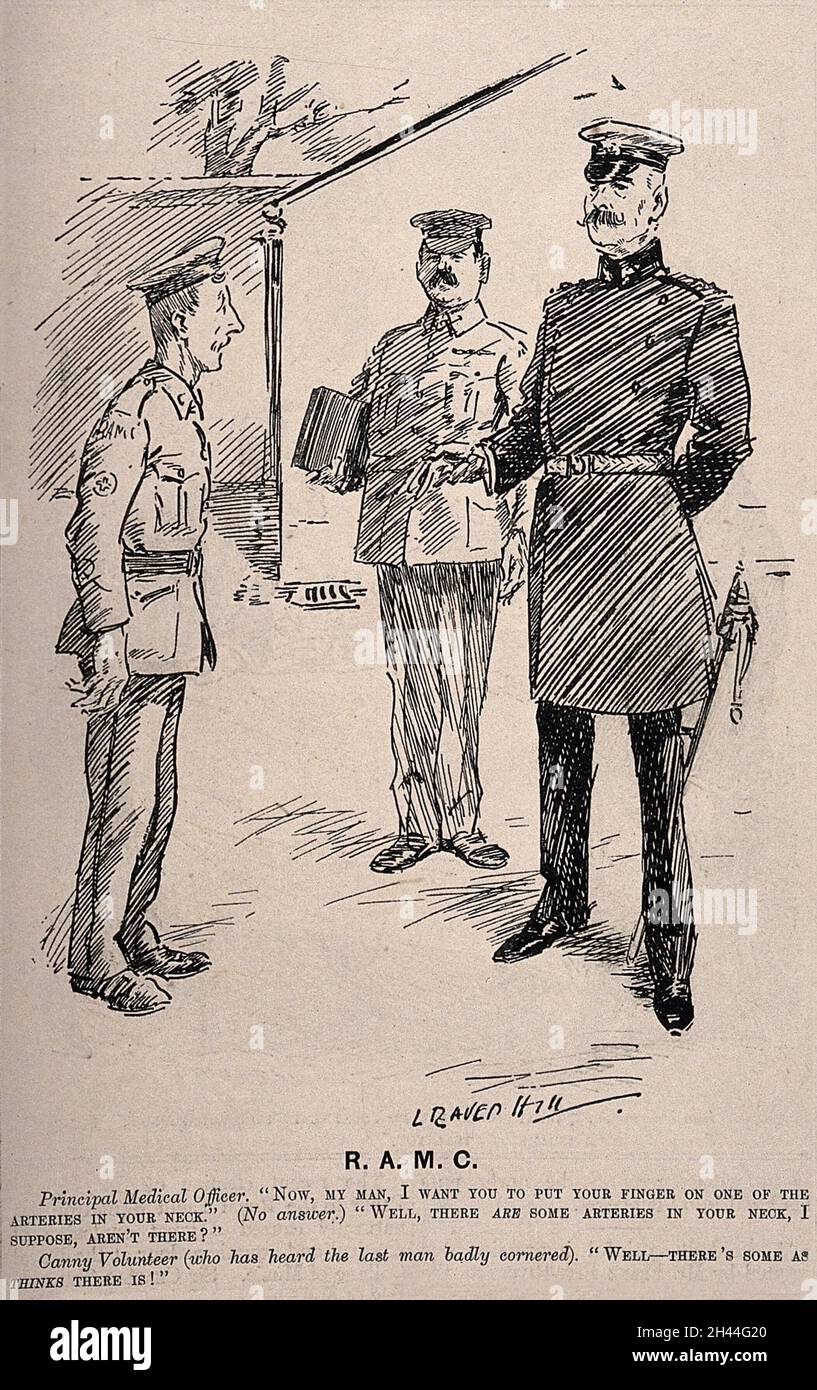 Un médecin de l'armée essayant de découvrir d'un soldat ignorant s'il sait où sont ses artères.Gravure de bois par L. Raven-Hill, 1907. Banque D'Images