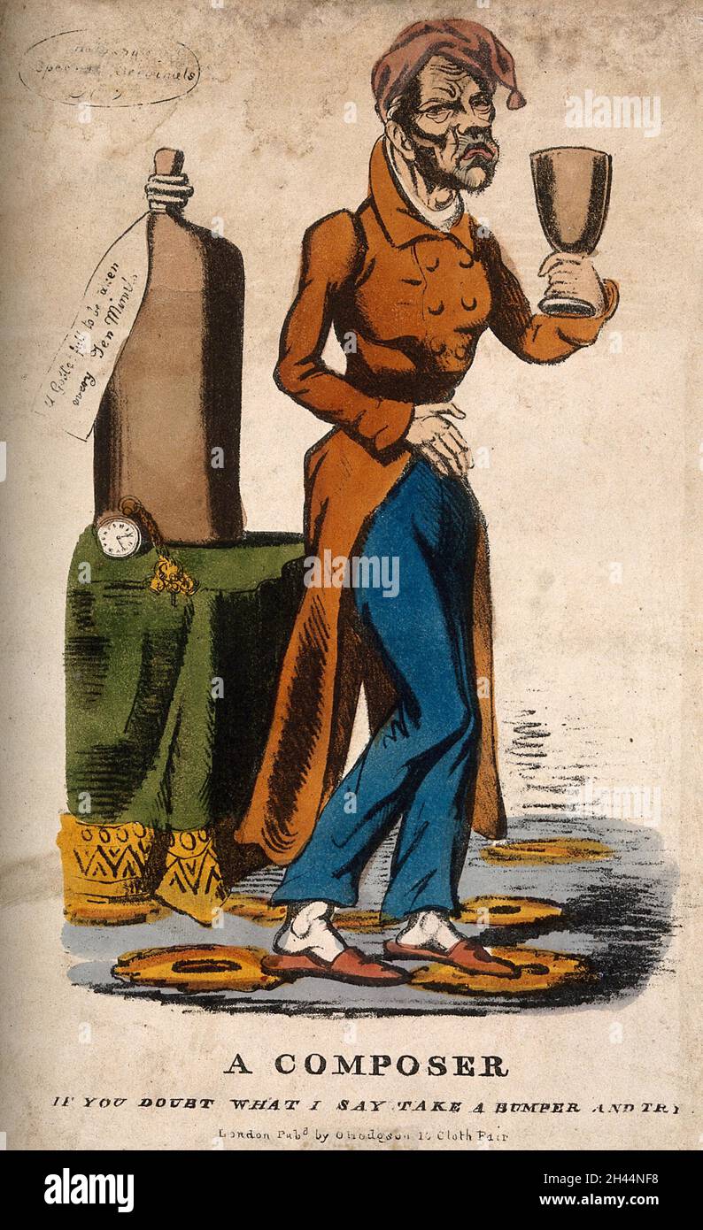 Un homme malade mécontents de prendre une grande dose de médicament. Lithographie en couleur. Banque D'Images