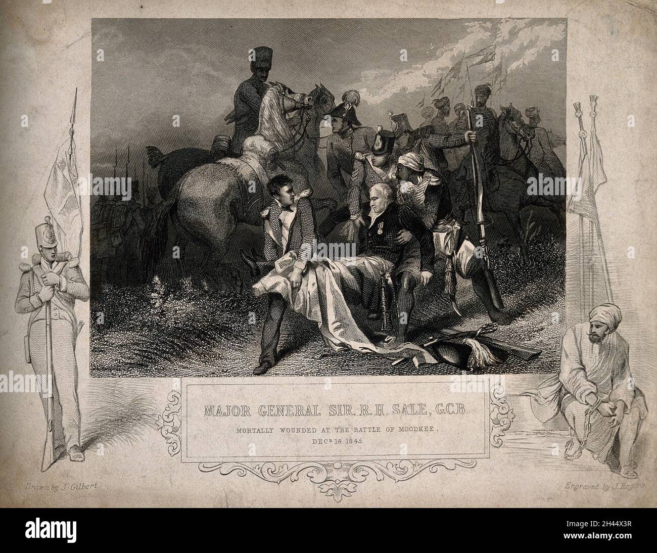 La mort du général Sir Robert sale sur le champ de bataille.Gravure de J. Rogers après J. Gilbert, 1845. Banque D'Images