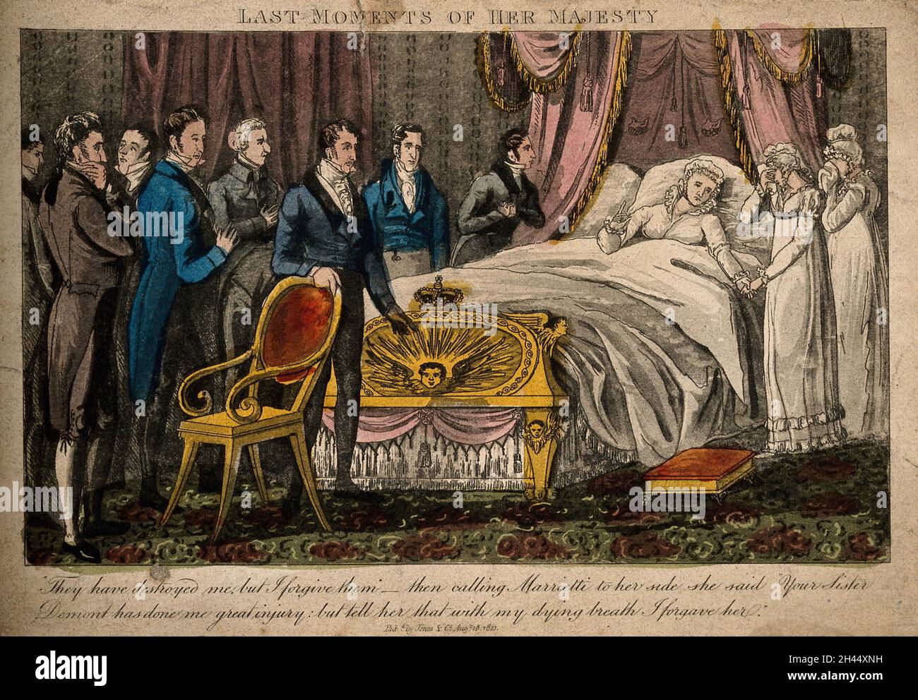Le lit de la mort de la reine Caroline.Gravure colorée, 1827. Banque D'Images