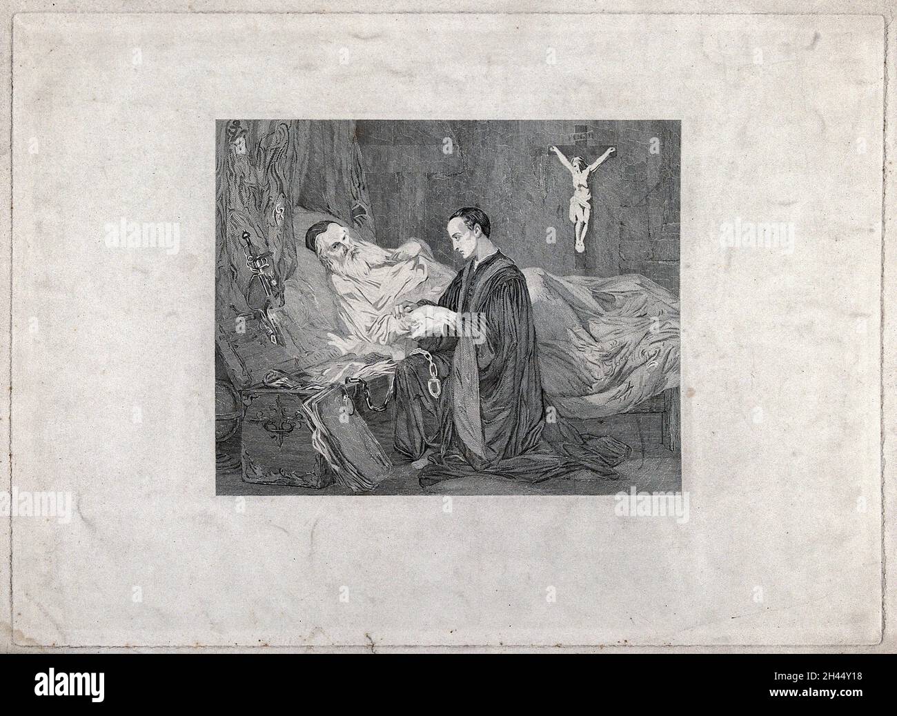 Christophe Colomb sur son lit de mort avec un jeune homme agenouillé au chevet du patient ; une poitrine ouverte pleine de documents à côté.Gravure à l'aide de G. Wappers. Banque D'Images