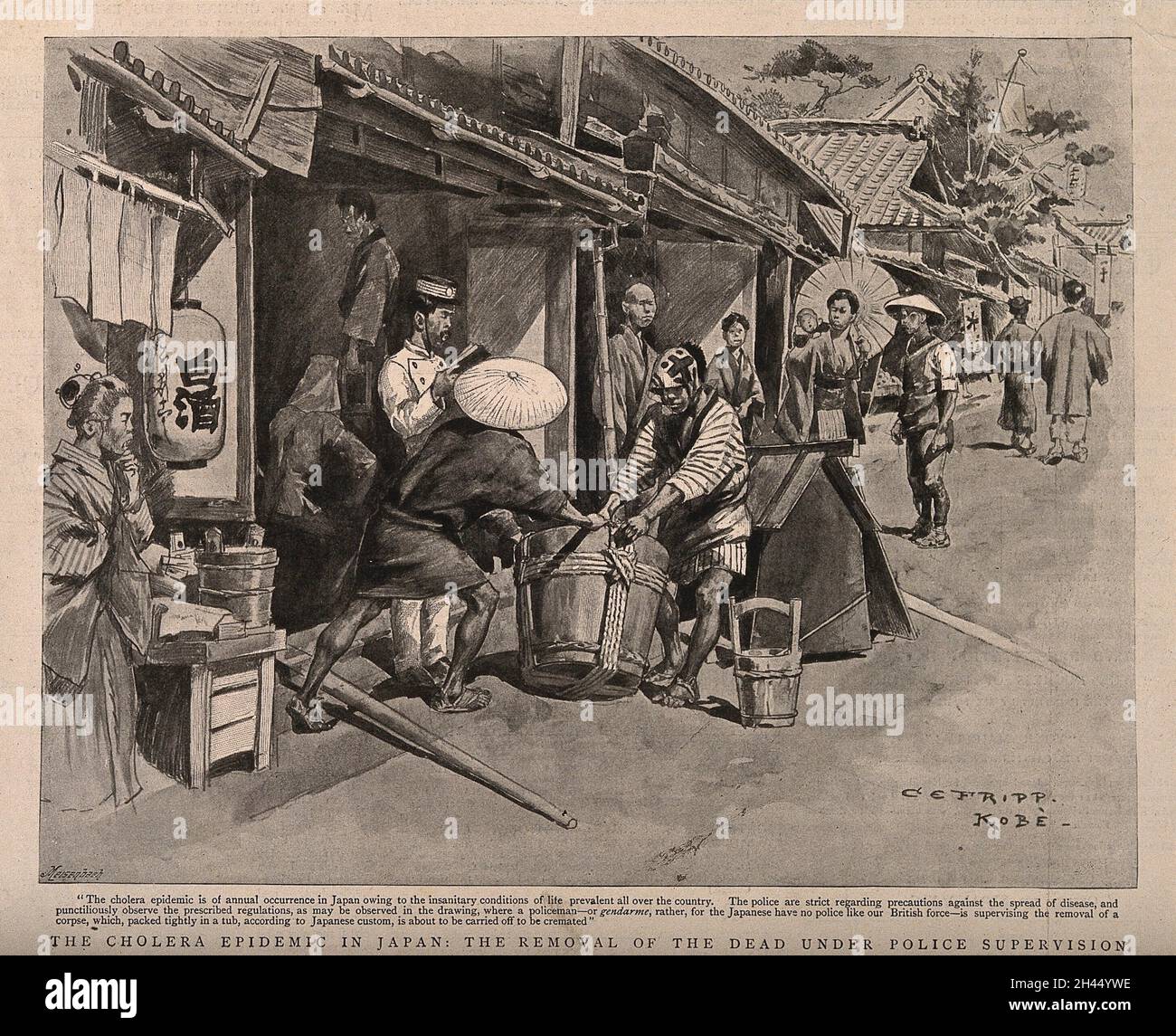 Élimination des morts, sous surveillance policière lors d'une épidémie de choléra au Japon.Reproduction du dessin de Meisenbach d'après C. Fripp. Banque D'Images