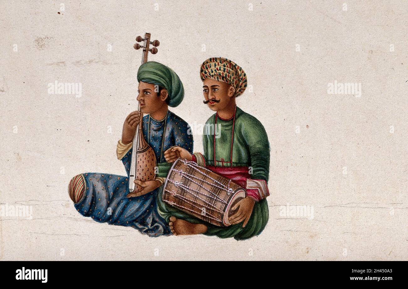 Deux musiciens jouant un dholak (instrument à percussion) et un tanpura (instrument à cordes).Peinture de gouache par un artiste indien. Banque D'Images