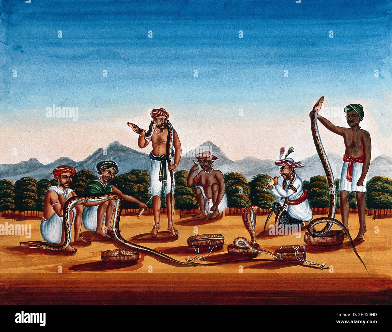Six charmers de serpent montrant leurs serpents.Aquarelle par un artiste indien. Banque D'Images