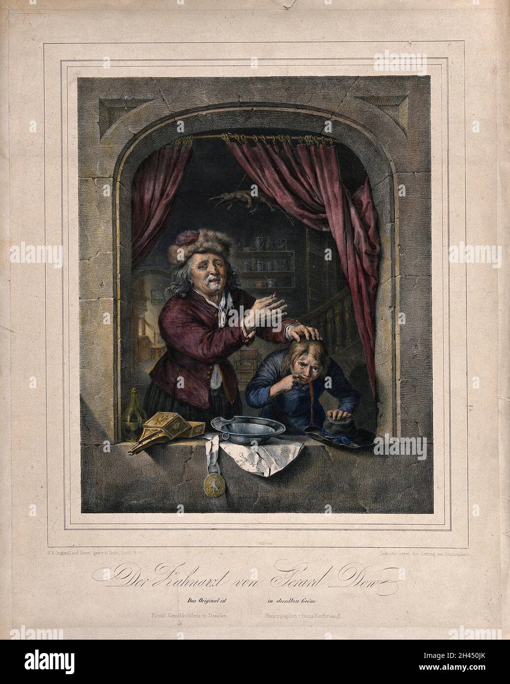 Tiroir à dents tenant une dent après l'avoir extrait d'un patient, qui crache du sang hors de la fenêtre.Lithographie colorée par J.A.(?).Pecht, 1836 ans, après G. Dou, 1672. Banque D'Images