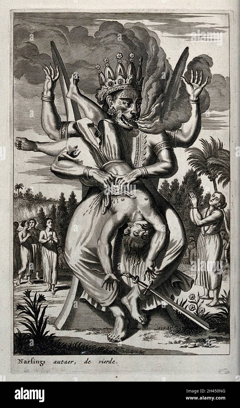 Vishnu dans son incarnation comme Narasimha, l'homme-lion.Gravure, 1672. Banque D'Images