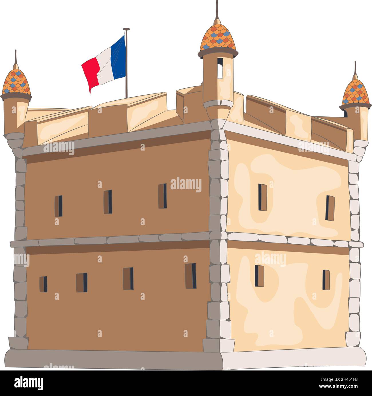 Drapeau d'état français sur le bastion de la ville de Menton.Illustration vectorielle. Illustration de Vecteur