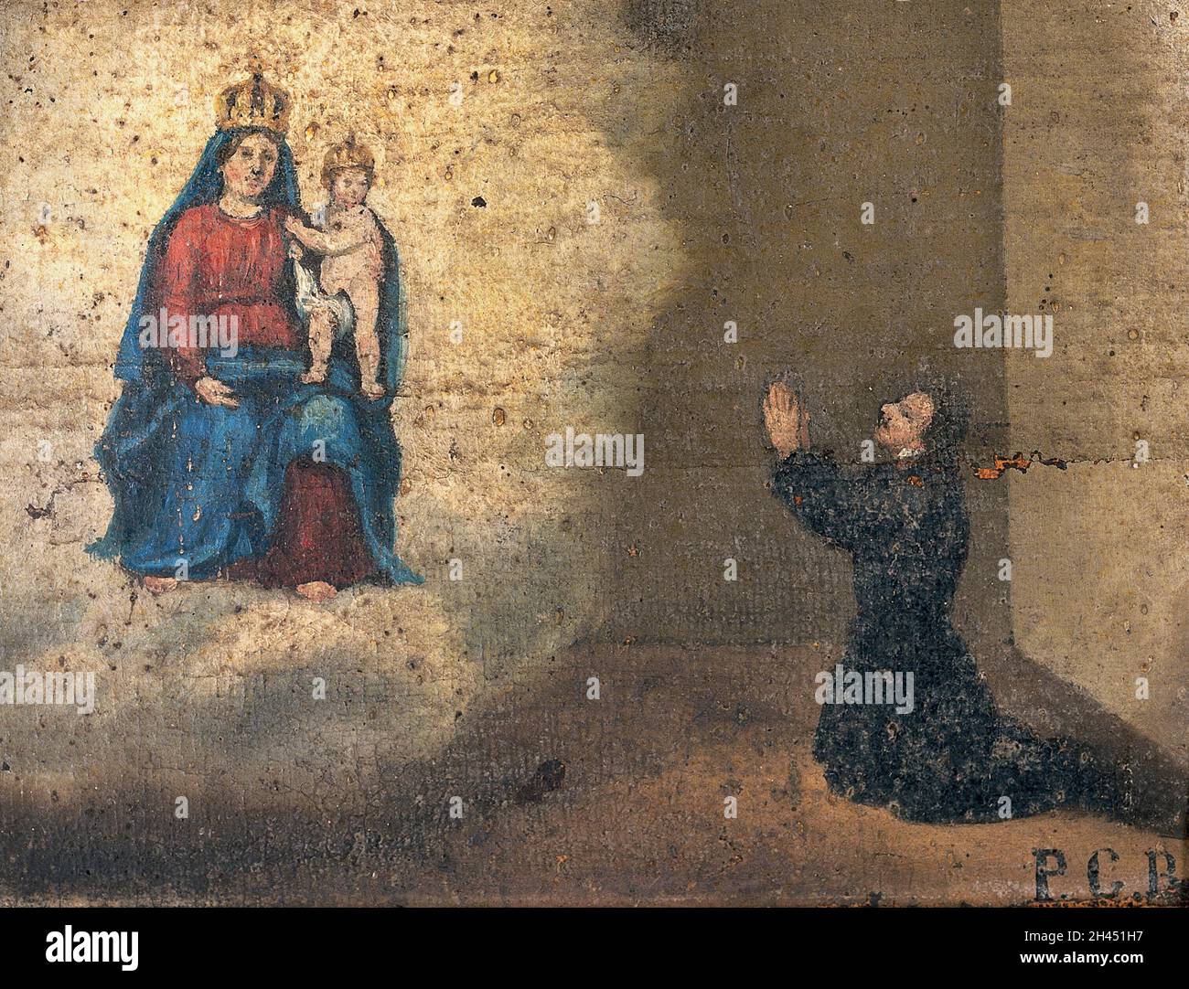 Un homme priant pour la Vierge et l'enfant de Sansovino.Peinture à l'huile par un peintre italien. Banque D'Images