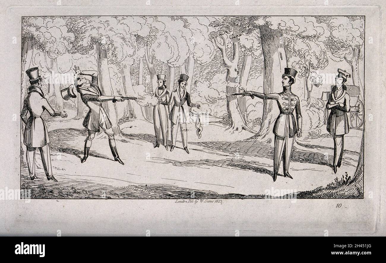 Deux messieurs duel avec des pistolets.Gravure, 1823. Banque D'Images