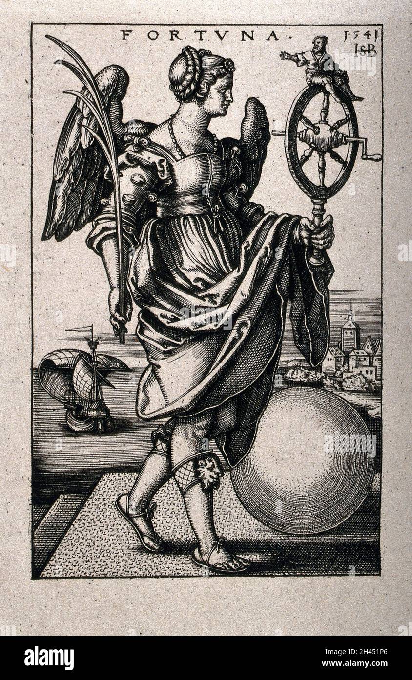 Une femme aidée tenant une branche de palmier dans sa main droite et une roue qui tourne avec un petit homme perché sur sa gauche, marche au-delà d'un globe, tandis qu'un navire avec des voiles de billing passe à l'arrière-plan, représentant la fortune.Héliogravure après S. Beham, 1541. Banque D'Images