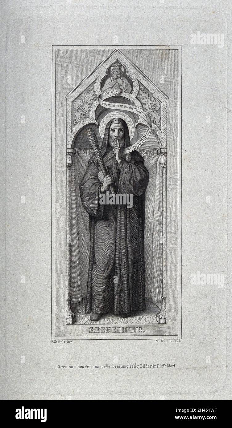 Saint Benoît de la Nurse.Gravure en acier par H. Nüsser d'après E. Steinle. Banque D'Images