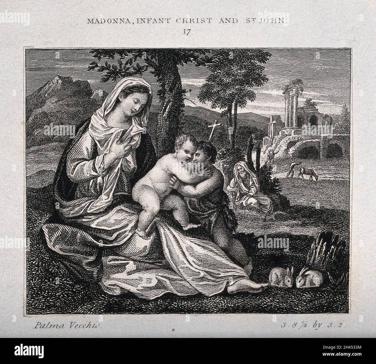 Sainte Marie (la Sainte Vierge) et Saint Joseph avec l'enfant Christ et Saint Jean-Baptiste.Gravure après Palma Vecchio. Banque D'Images