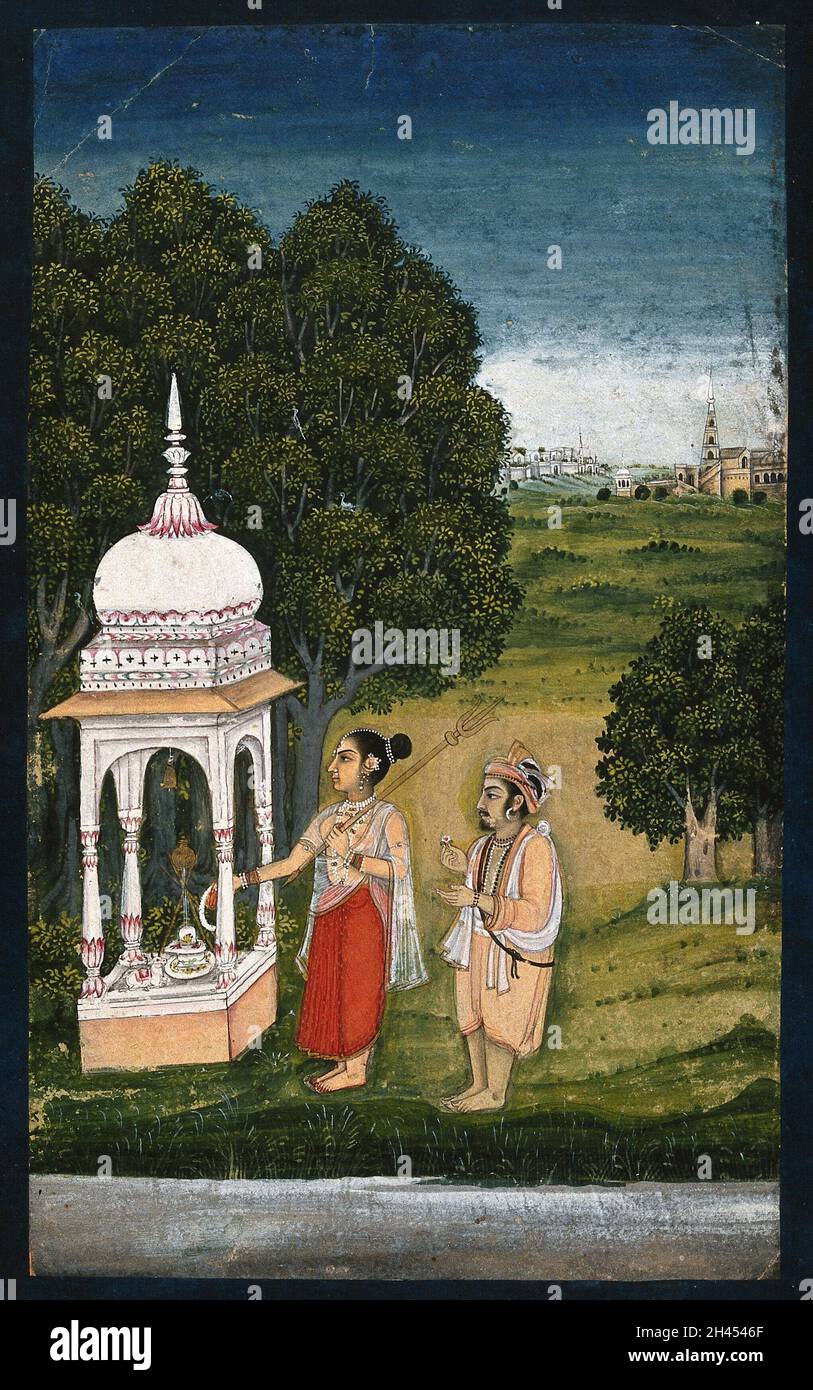 Un couple adorant la Shiva linga ; la femme met une guirlande autour de la lingam.Peinture de gouache par un peintre indien. Banque D'Images
