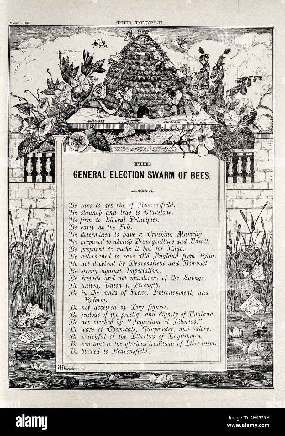 La reine Victoria, Benjamin Disraeli, Gladstone et John Bright se dépeignent comme des abeilles autour d'une ruche; représentant l'élection générale du Royaume-Uni de 1880.Gravure par W. Dewane après lui, mars 1880. Banque D'Images