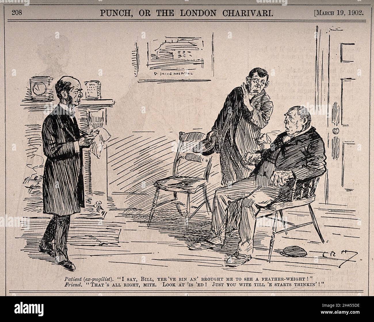 Deux boxeurs consultant un médecin.Gravure de bois par L. Raven-Hill, 1902. Banque D'Images