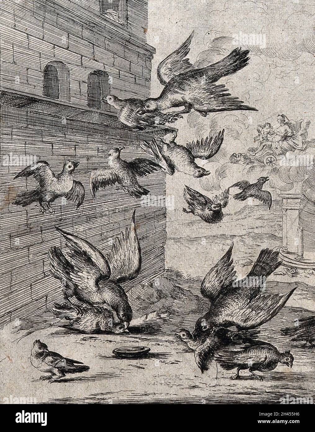 De grands oiseaux harcelent de petits oiseaux près d'un dovecote avec une déesse dans son char en regardant depuis les nuages; illustration pour une fable.Gravure. Banque D'Images