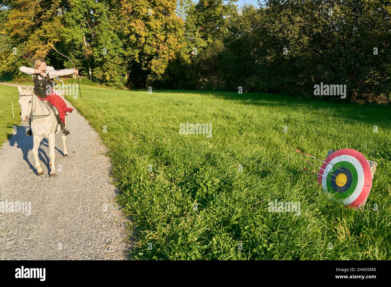 1 une femelle Archer montée sur un cheval arabe blanc avant de tirer une flèche sur Un chemin naturel.Dans le fond Green Meadow et arbres.Grüningen Zurique Banque D'Images