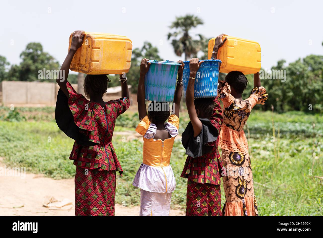 Quatre filles noires africaines sur leur chemin vers le village avec plein d'eau continue sur leur tête Banque D'Images