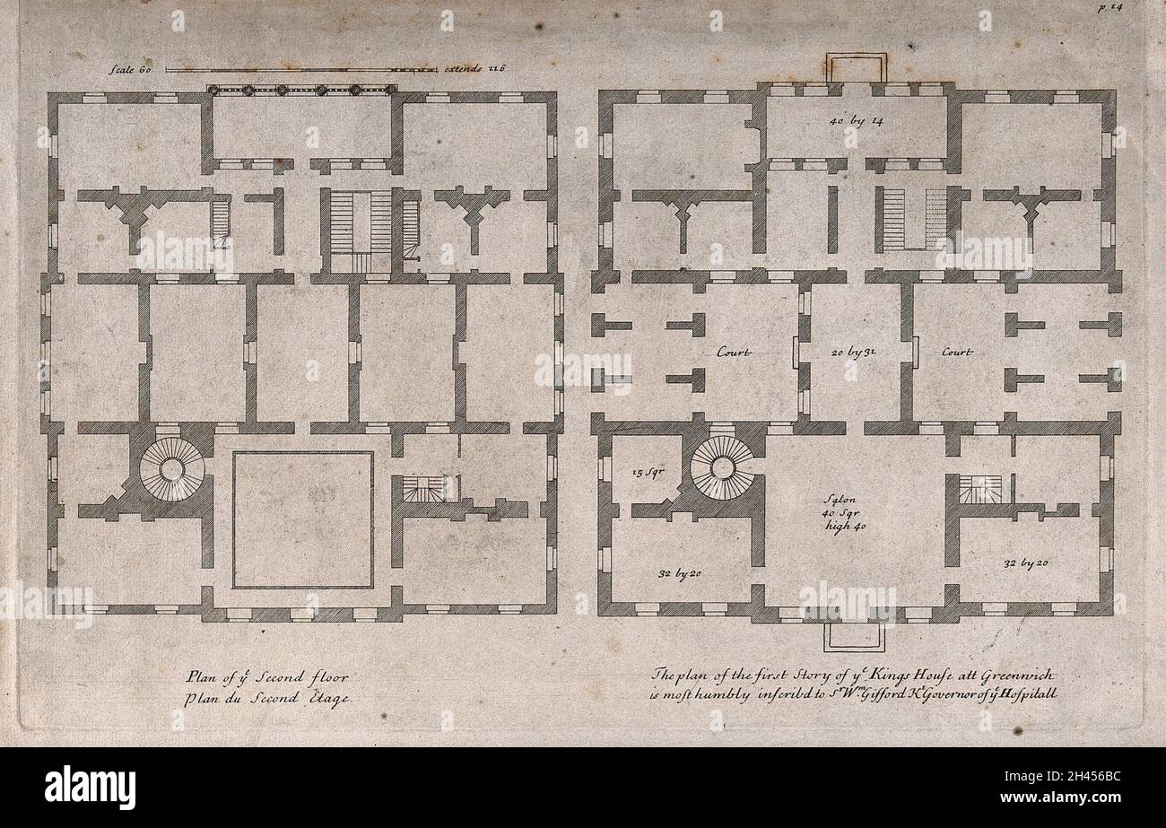 La maison du Queens, Greenwich: Plans du sol et des premiers étages, avec une échelle et des dimensions.Gravure de H. Hulsenbergh d'après C. Campbell, 1715. Banque D'Images
