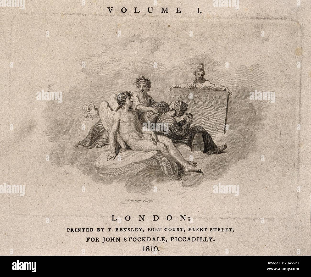 Une déesse femelle avec un château sur sa tête (représentant une déesse de la Terre ou géométrie) tient une tablette gravée avec des visages dont un homme copie; deux anges et un cygne s'assoient avec eux dans les nuages.Gravure par T. Holloway, 1810. Banque D'Images