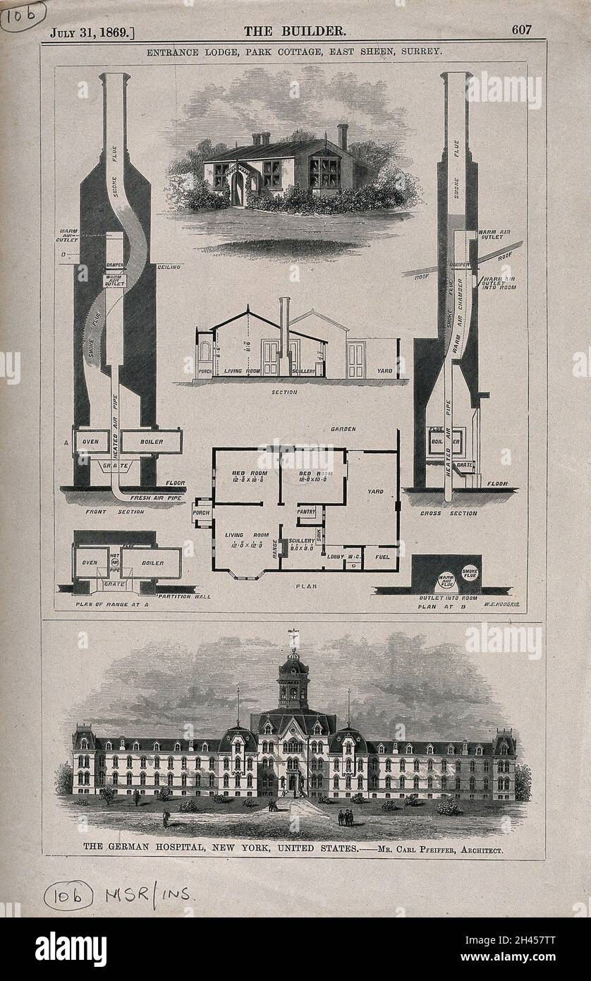 German Hospital, New York City; et plan d'étage pour Park Cottage, East Sheen, Surrey.Gravure de bois par W.E.Hodgkin, 1869 ans, après C. Pfeiffer. Banque D'Images