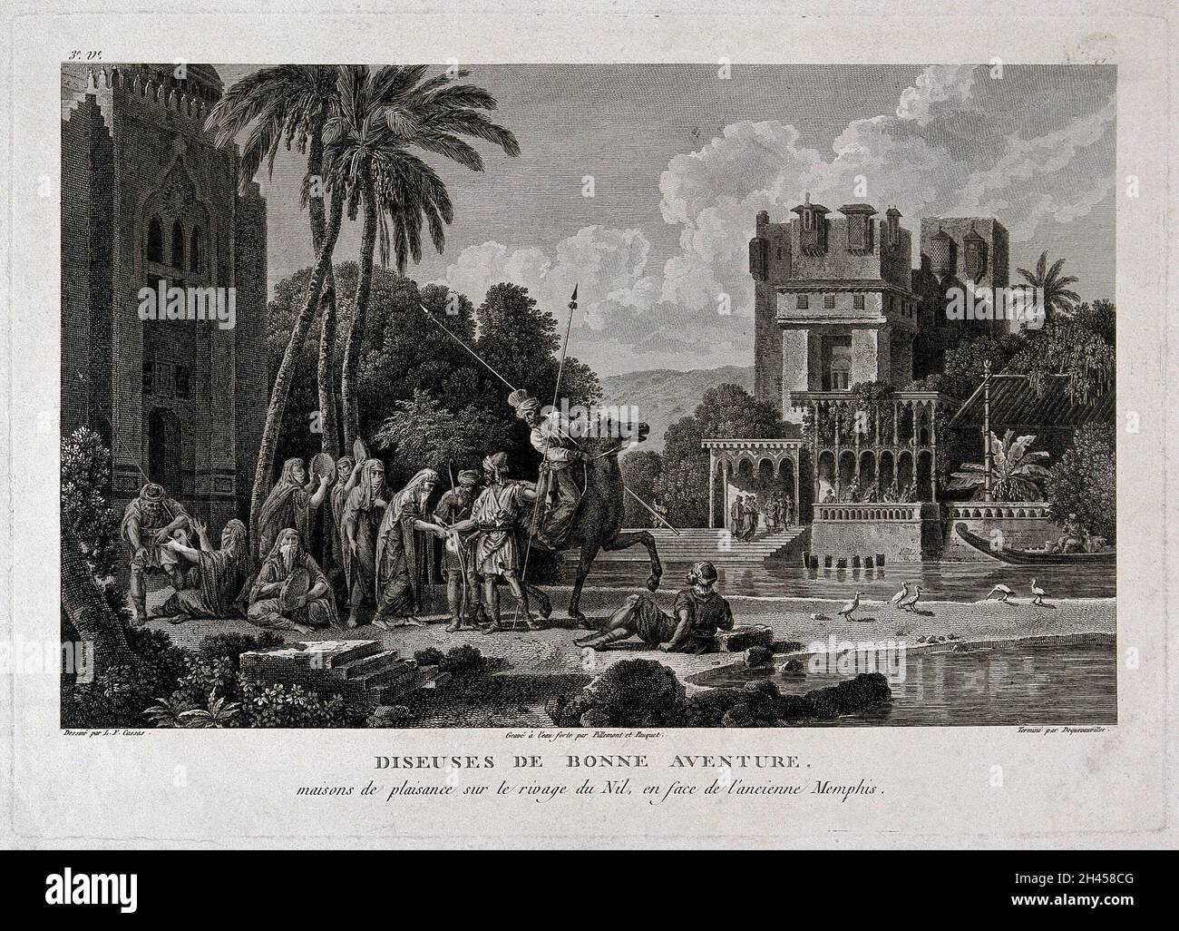 Des tueurs de fortune égyptiens devant un palais sur le Nil.Gravure par V. Pillement, J.L.C.Pauquet et F. Dequevauviller après L.F.Cassas, 1798. Banque D'Images